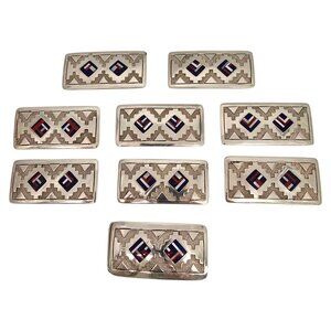 Native American ATB Sterling Silver Stone Inlay Belt Buckle & Conchos #23616